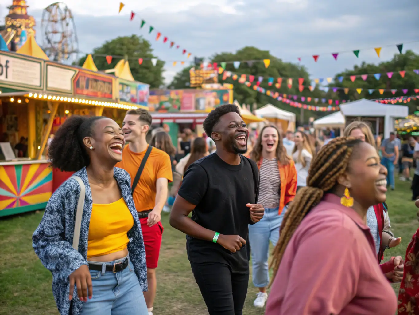 A vibrant photo of a diverse group enjoying a cultural festival with sign language interpreters and accessible facilities, showcasing the inclusive nature of the event.
