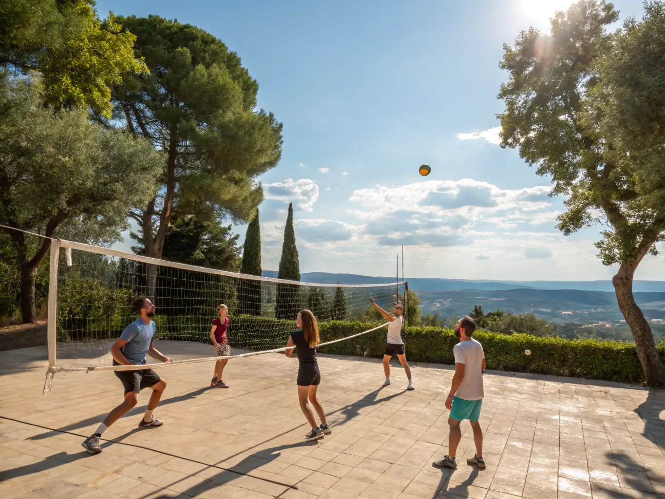 An action shot of a mixed group of deaf and hearing individuals participating in a friendly game of volleyball during a sports event organized by ASSOCIATION DES SOURDS DE CAEN ET DU CALVADOS.
