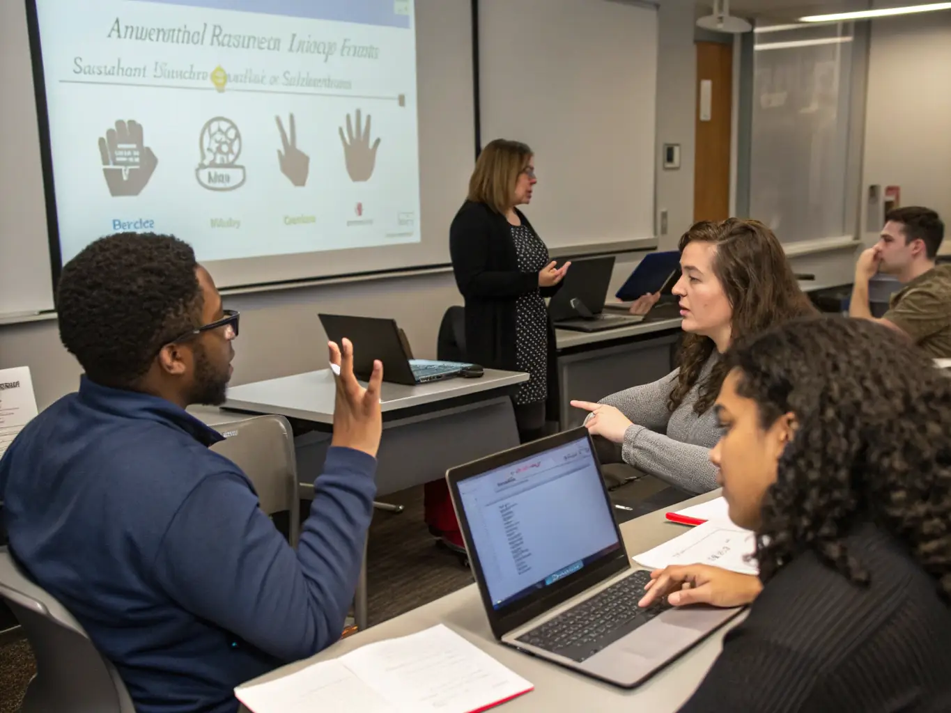 A photo of a sign language class in session, with participants actively engaged, demonstrating the association's dedication to education and awareness.