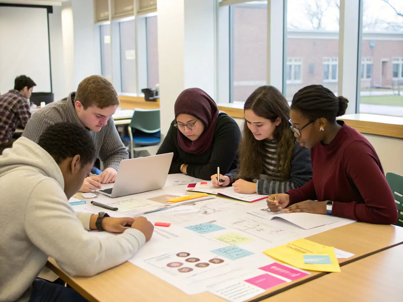 An image of students collaborating around a cooperative project in a classroom setting, showcasing teamwork and engagement.