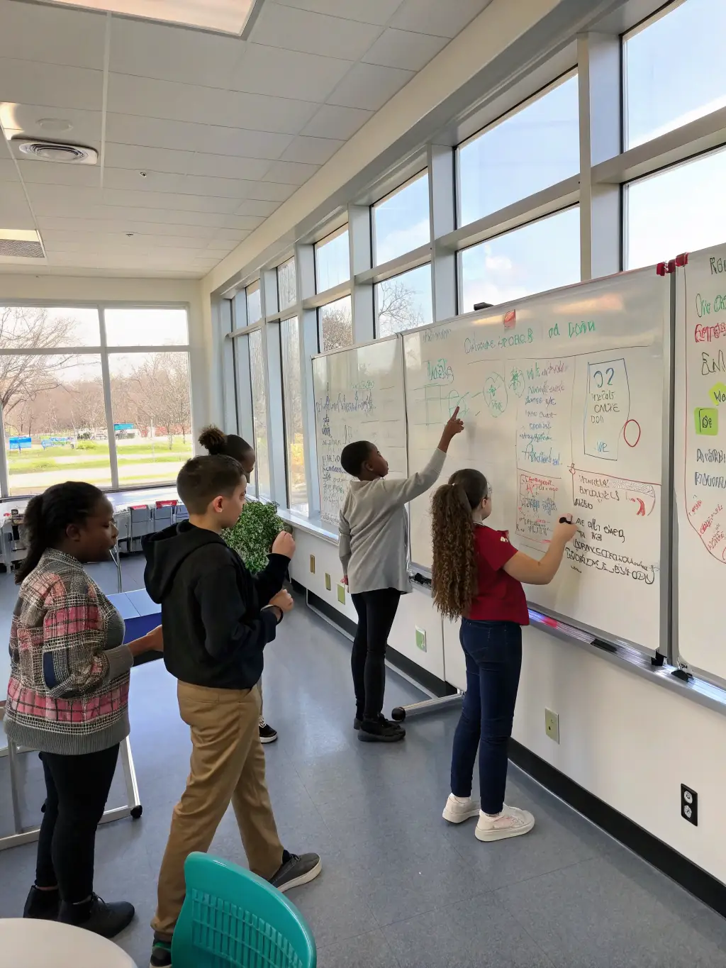 A diverse group of students engaged in a cooperative learning activity, demonstrating teamwork and problem-solving skills, in a modern classroom.