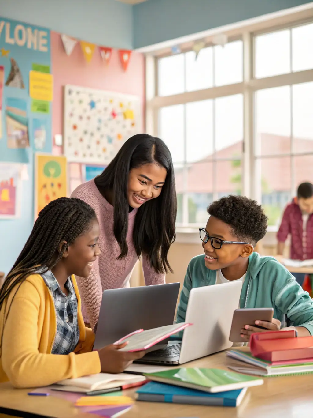 A newly established school cooperative center, with students and teachers collaborating on a project, showcasing teamwork and mutual support.