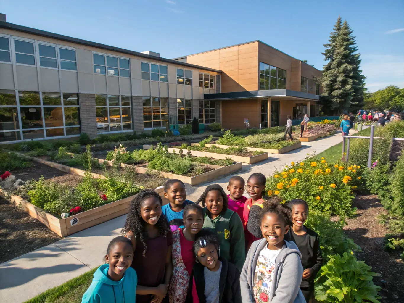 A group of students and teachers celebrating the launch of a new school cooperative, symbolizing community involvement and success.