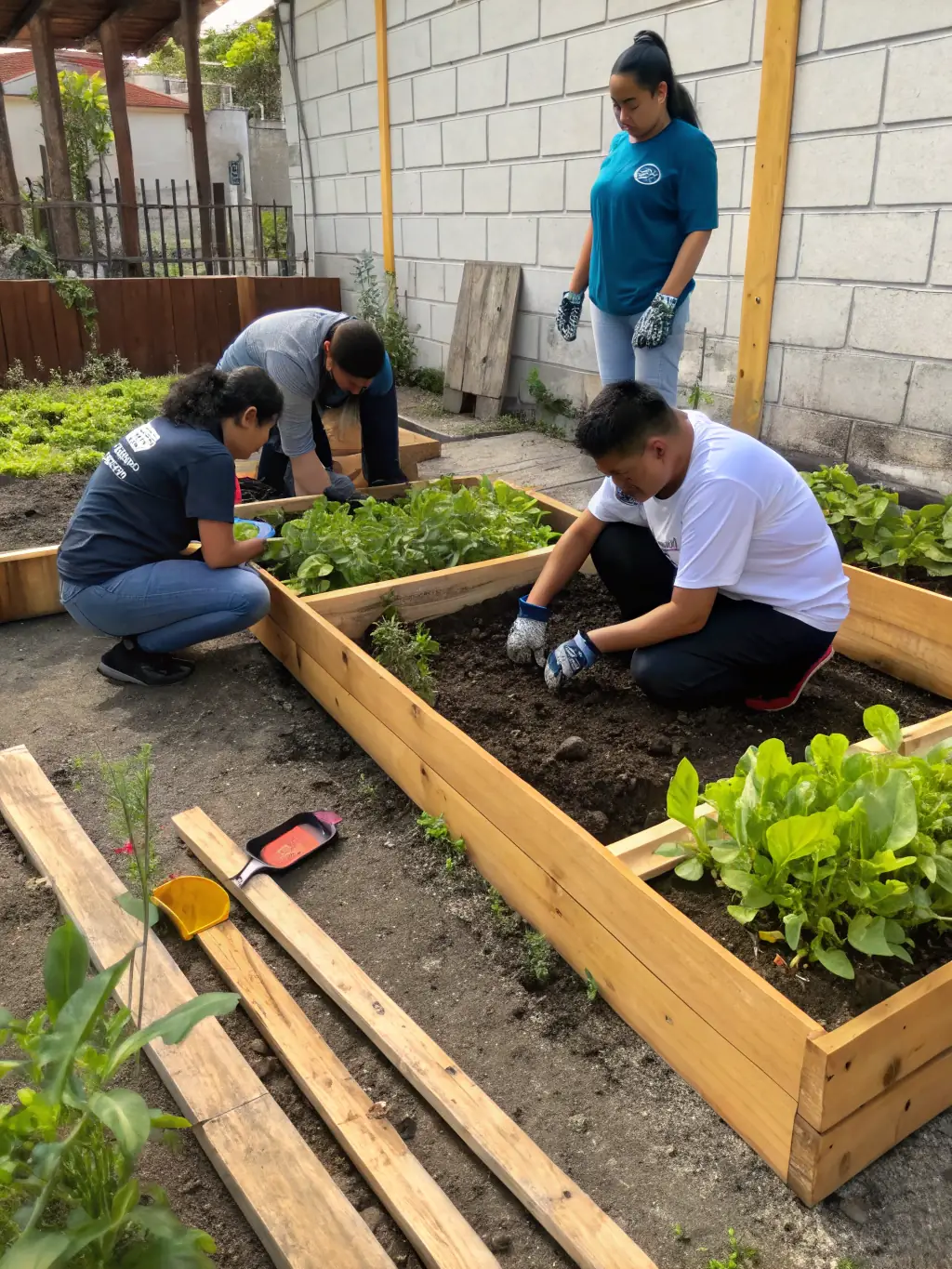 Volunteers and community members working together on a community project, demonstrating solidarity and mutual support, in a rural setting.
